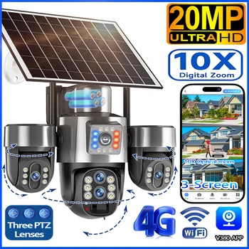 20MP 4G Sim Solar Camera WiFi 10X Optical Zoom 3-PTZ 4-Lens 3-Screens Outdoor Wireless Security Cameras Auto Tracking CCTV V380 1