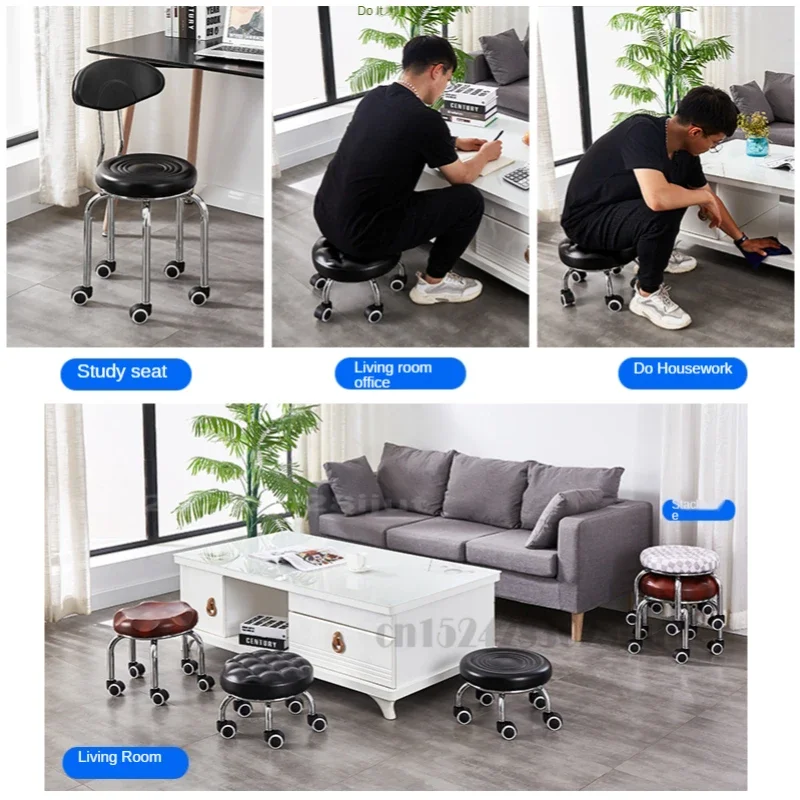 Foot Stool Aluminum Alloy Pulley Stool Low Round Stool with Wheels Home Bench Creative Back Chair Lazy Housework Seat Three Sizes Available