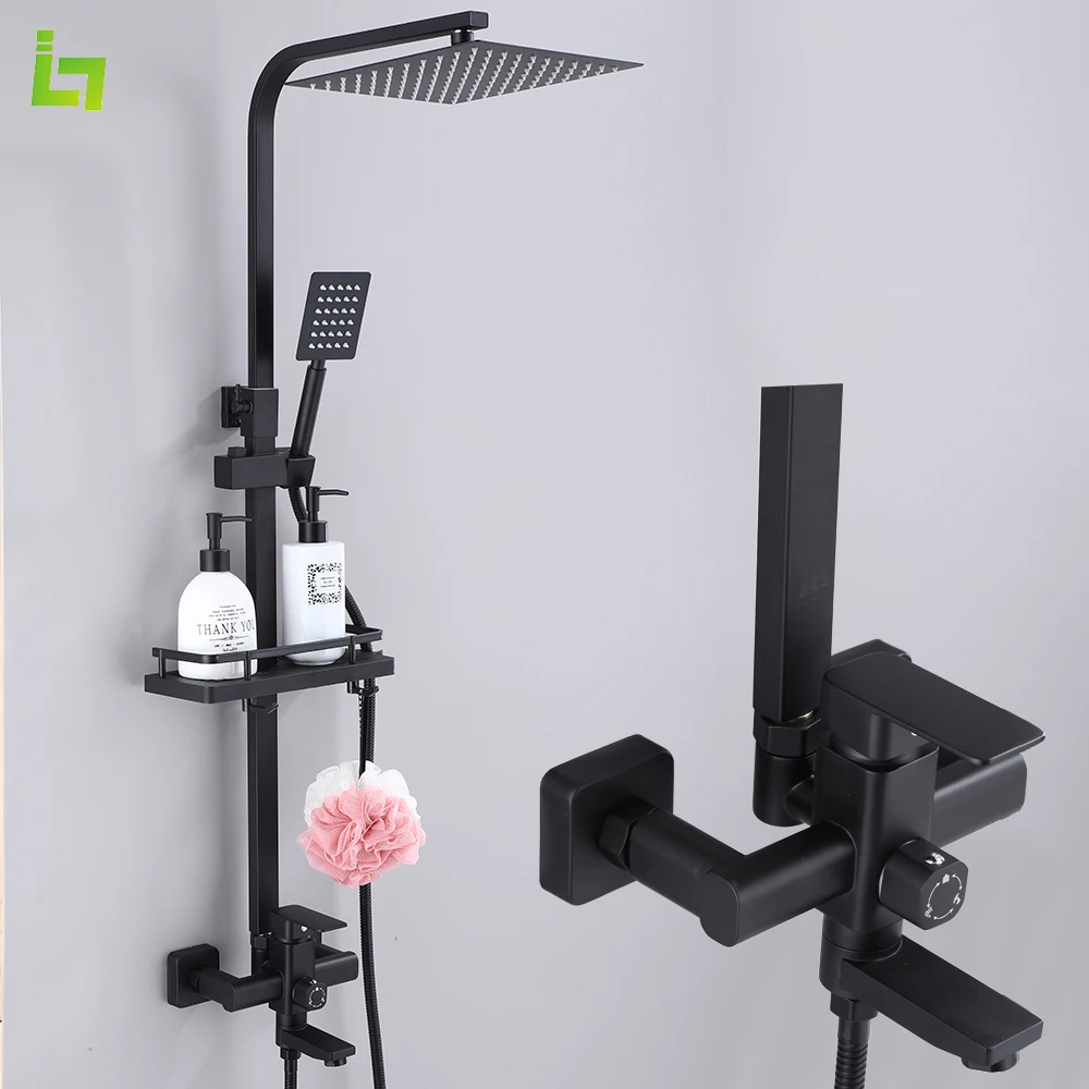 Description Picture 2 of itemBlack Square Shower Faucet Set  Rainfall High Quality All Metal Stainless Steel Bathtub Mixer Tap With Bathroom Shelf