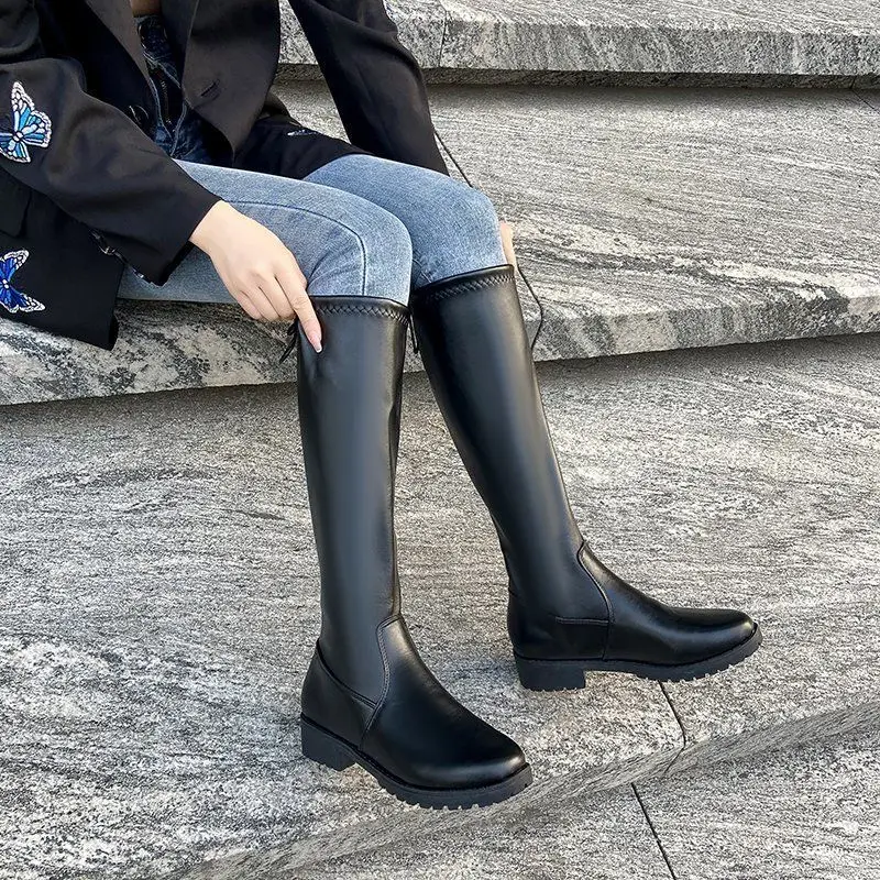 

Women's Boots Black Shoes for Woman with Laces Footwear Lace-up Long Winter Knee High Shaft Middle Heel Free Shipping Offer Pu