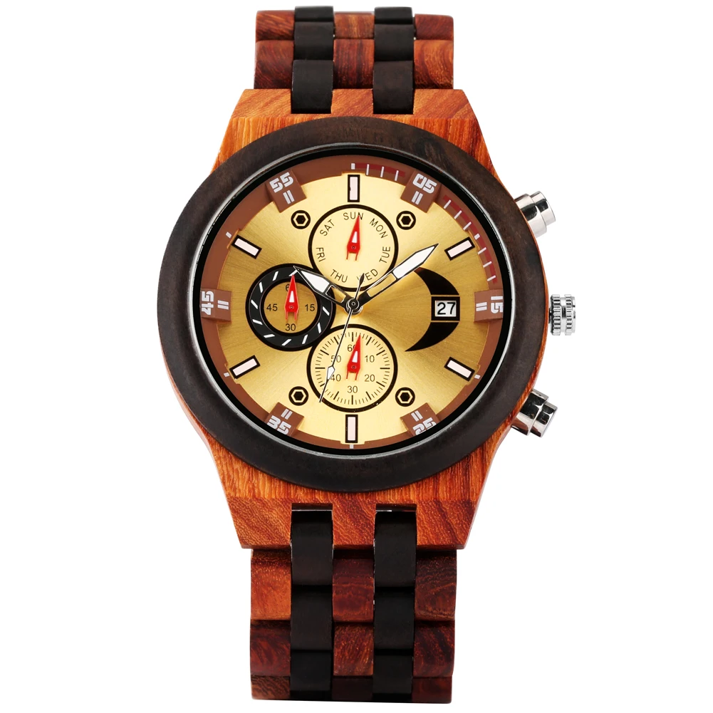 Men's Vintage Quartz Chronograph with Wooden Bangle and Calendar Function
