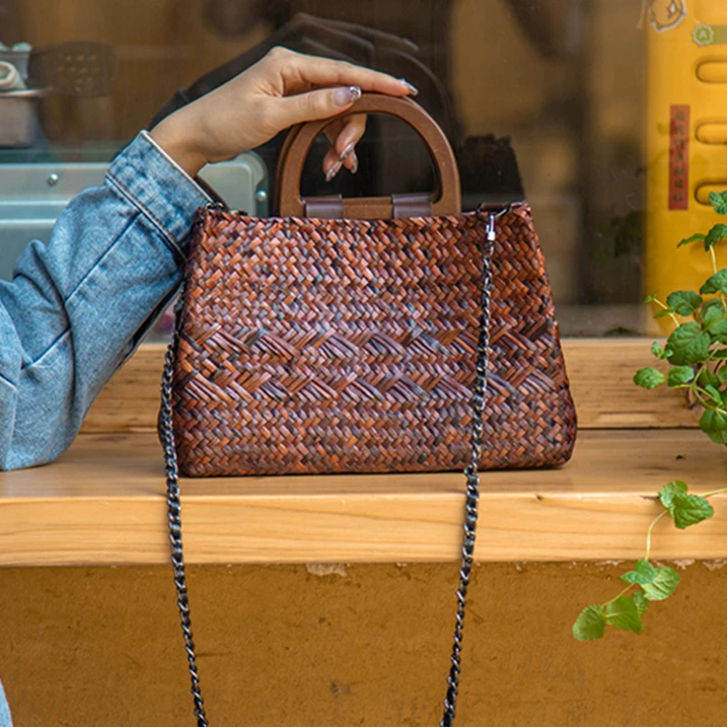 Portable Fashion Straw Bag Beach Summer Garden Style Woven Bag Women Korean Wooden Handle Handbag Zipper Bag