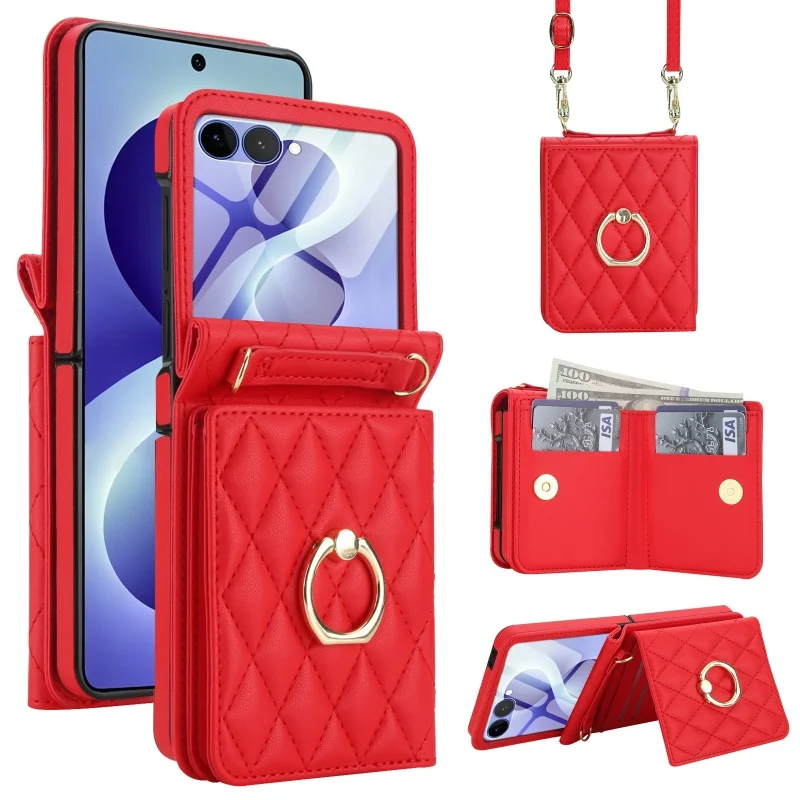 Lanyard Leather Wallet Phone Case with Ring and Card Holder