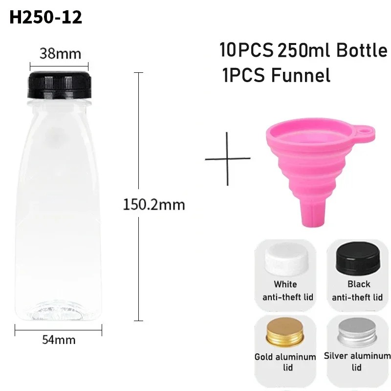 thumbnail image 1 of 10 botellas de plástico transparente vacías y portátiles de 60 ml a 500 ml para jugo, botellas de agua reutilizables, recipientes para jugos, batidos y leche con embudo, 1 of 5