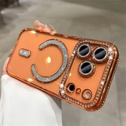 Premium Glitter Rhinestones Phone Case with Magnetic Clear Lens Protector - iPhone 15 Plus (Orange)