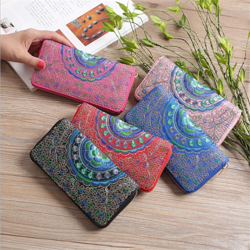 

Women Vintage Ethnic Bag Floral Embroidered Coin Clutch purse lady card Long Wallet Coin phone Card Holder Handbag