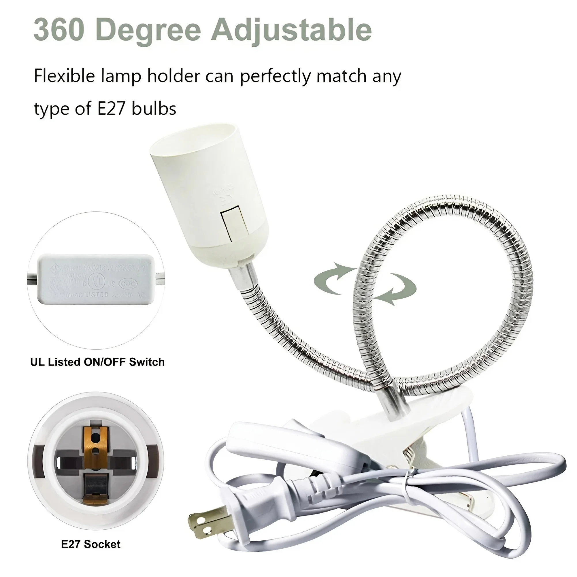 Description Picture 6 of itemDesk Lamp Holder with Us Plug - E27 Socket 360° Rotatable Metal Cable Management White Light Bulb Socket Adapter Hanging Lamp