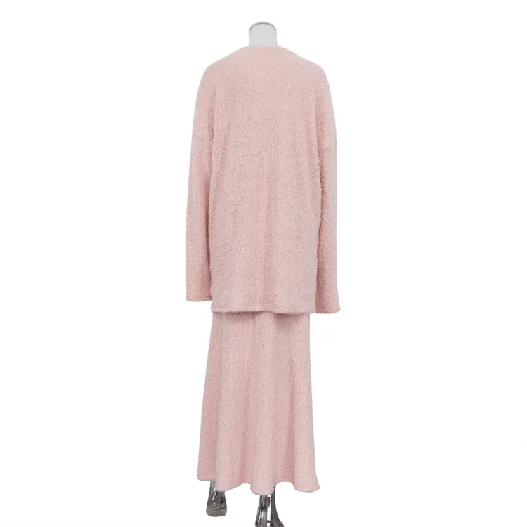 TRAUXY Autumn Winter Plush Knitted Suit Women's Long Sleeve O-Neck Pullover Top Long Skirts Two Piece Sets Solid Female Elegant