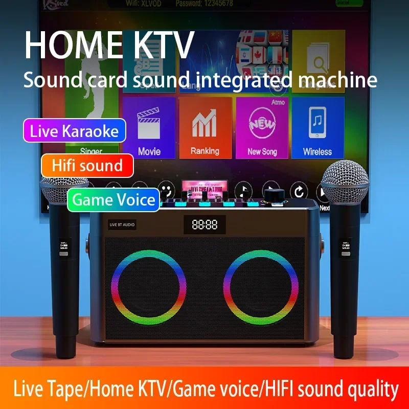 

Family Karaoke System Live Sound Card Bluetooth Speaker Integrated Machine with Duel Wireless Mic Portable Outdoor Audio Set