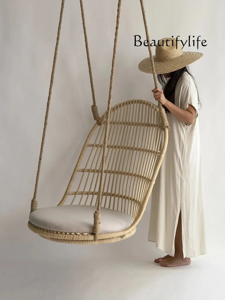

Nordic Real Rattan Hanging Basket Bed & Breakfast Balcony Adult Rocking Chair Glider Leisure Home Single Swing Chair