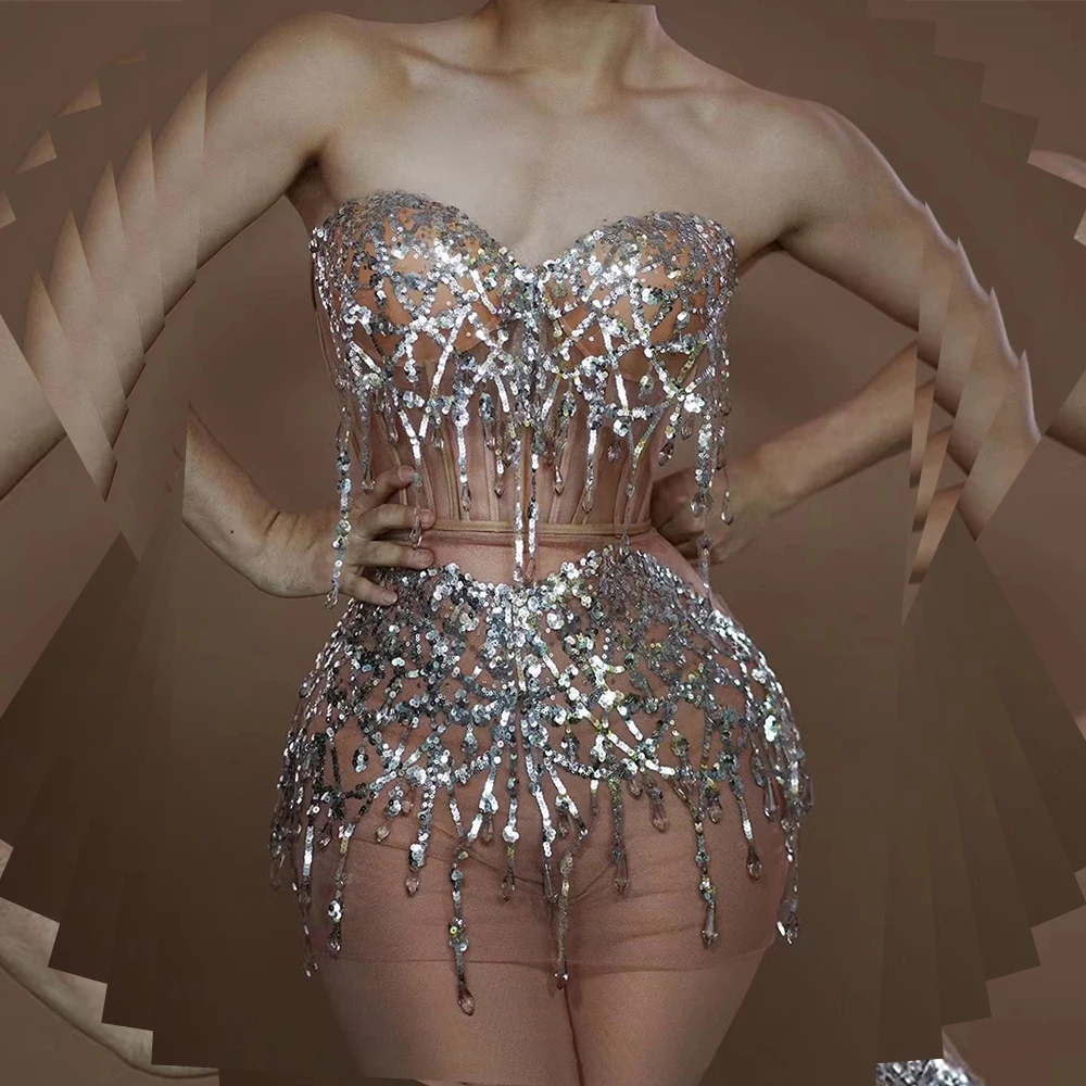 

Новое прозрачное Сетчатое кружевное высокоэластичное привлекательное облегающее платье с короткими рукавами и блестками для выступлений на сцене