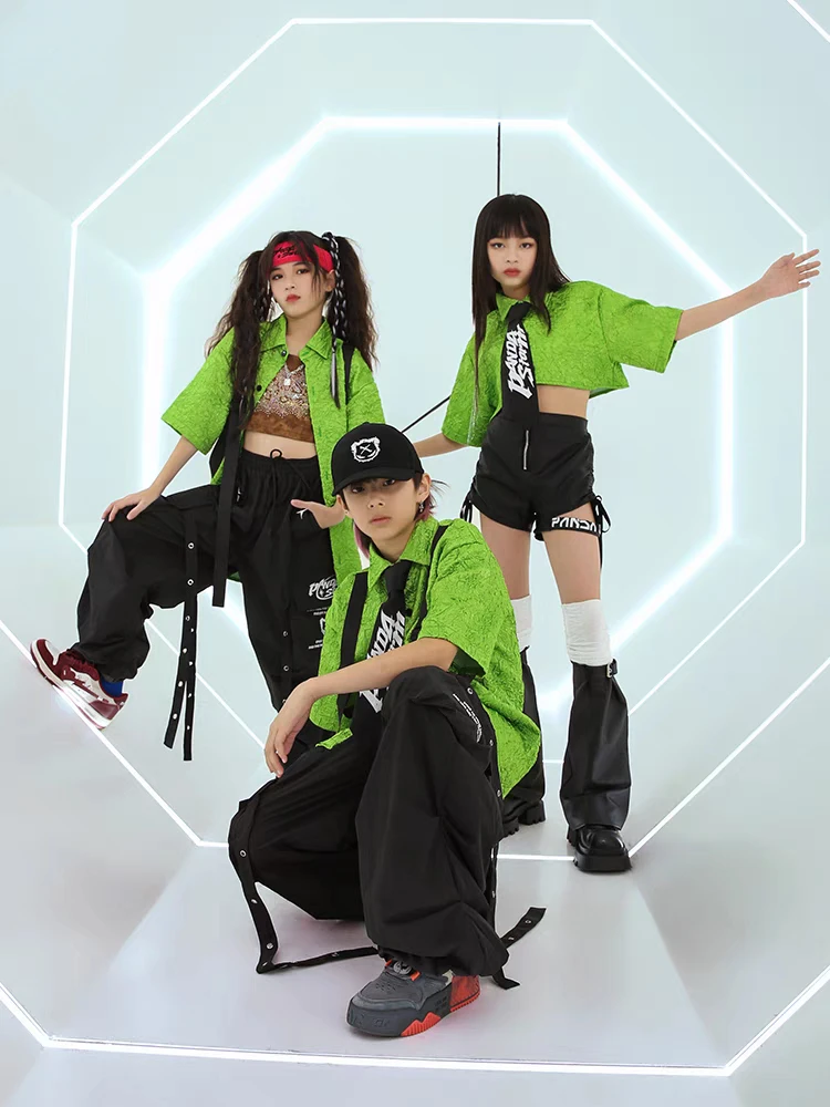 Kids Hip Hop Street Dance Clothes Green Shirts Black Pants Girls Kpop Stage Performance Outfits Boys Concert Stage Wear Costumes