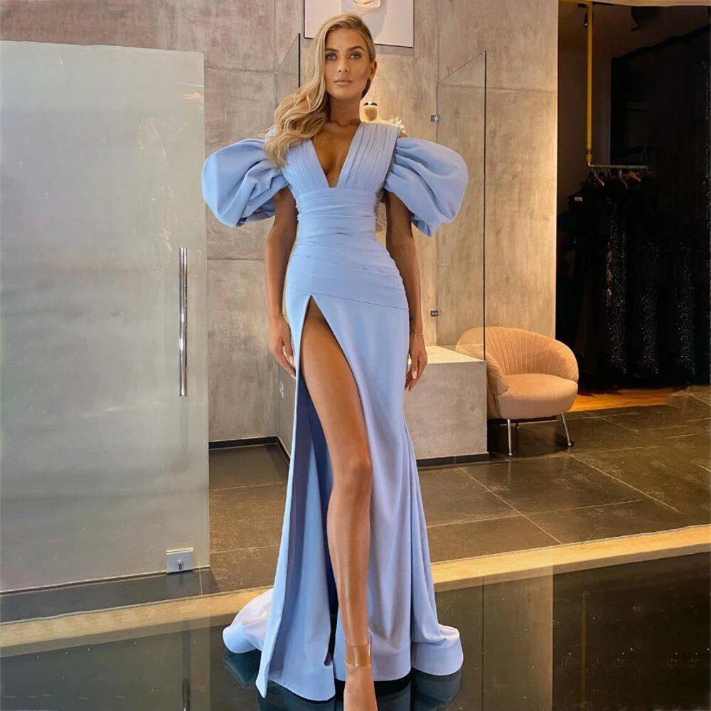 

Ruffles Blue High Slit Prom Dress For Women Short Sleeve A-Line Floor Length V-Neck Pleated Custom Made Special Party 2023
