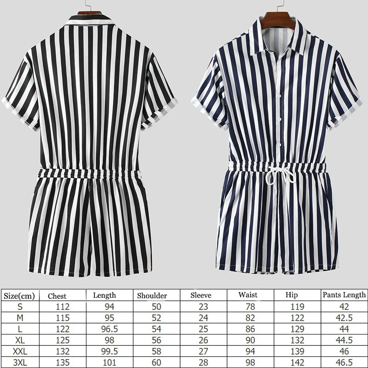 Casual Men Short Sleeve Striped Rompers Button Shorts Jumpsuit Drawstring Streetwear Hombre Beach Wear Hawaii Playsuit Overalls