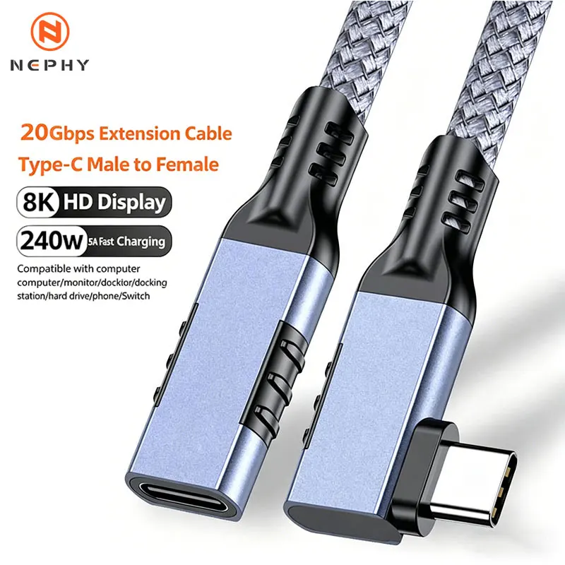 Premium USB-C Extension Cable - 90 Degree Angle, Ultra-Fast 240W Charging, 20Gbps Data Transfer, 8K@60Hz Support, Available in 3M and 5M Lengths