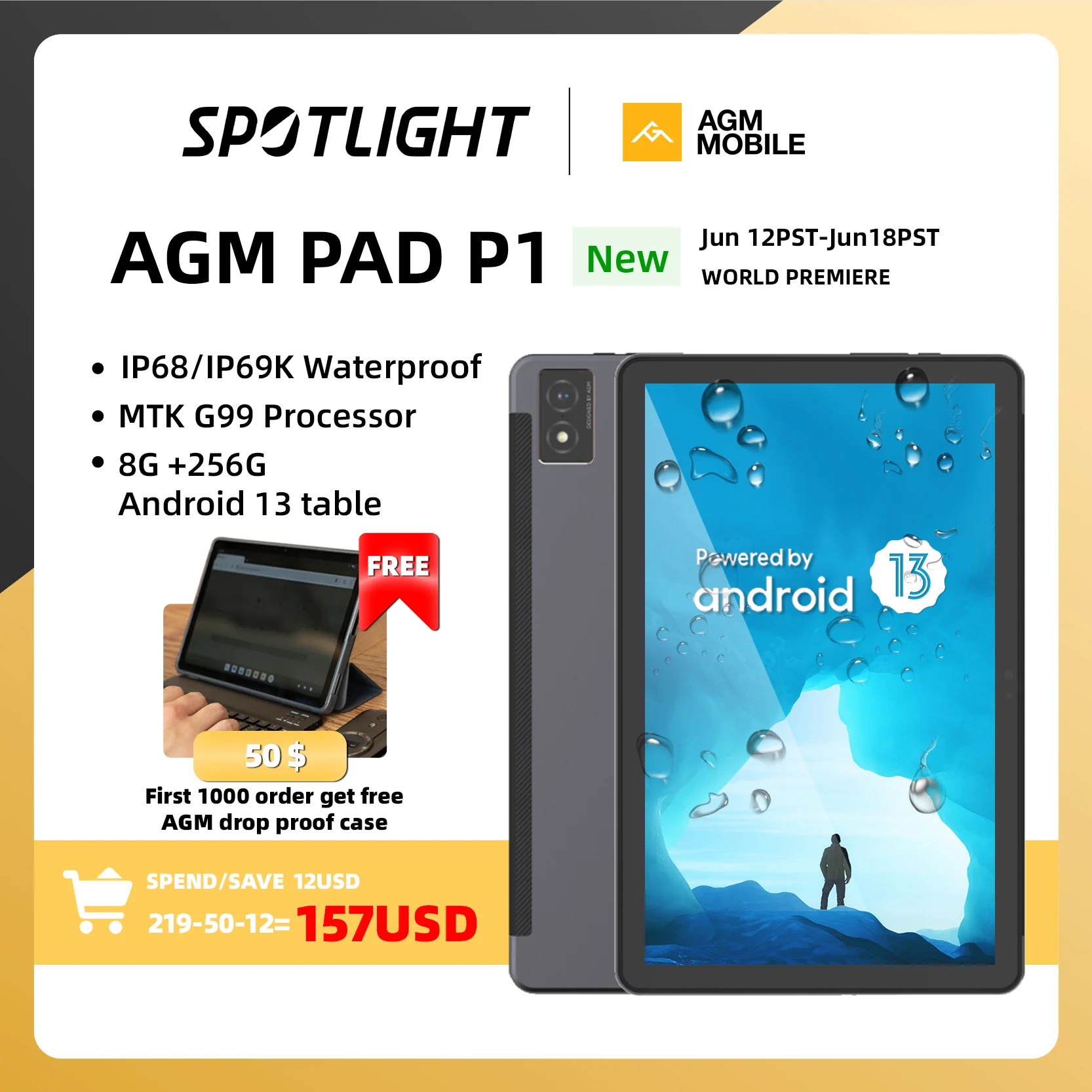  [World Premiere] AGM Tablet PAD P1 8GB+256GB  FHD+ Display 7000 MAh Battery MTK G99  Waterproof  Android 13 Tablets for Kids 