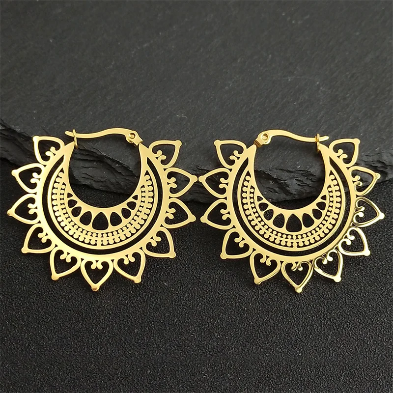 India Gypsy Tribal Ethnic Mandala Stainless Steel Earrings Women Gold Color Lotus Flower Hoop Earrings Jewelry aretes E9354S01