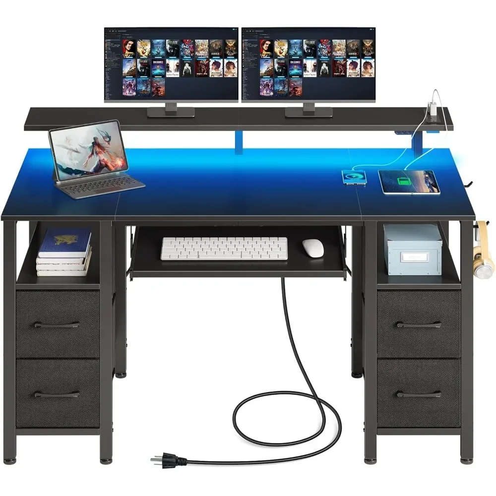 Computer Desk with LED Lights & Power Outlets, Home Office Desk with 4 Drawers, Writing Desk with Keyboard Tray 2