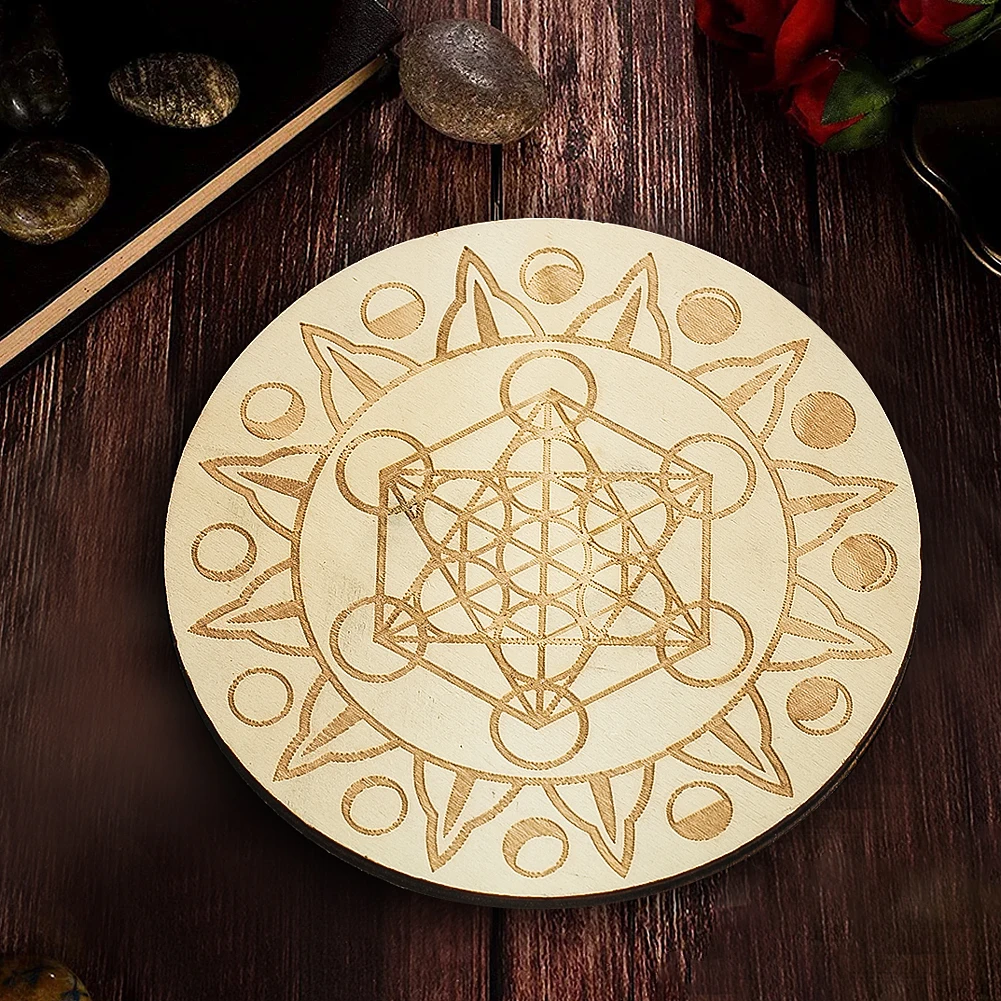 Wooden Metatron Lotus Divination Pendulum Board Yoga Meditation Crystal Base Coaster Metaphysics Message Board Altar Ornaments