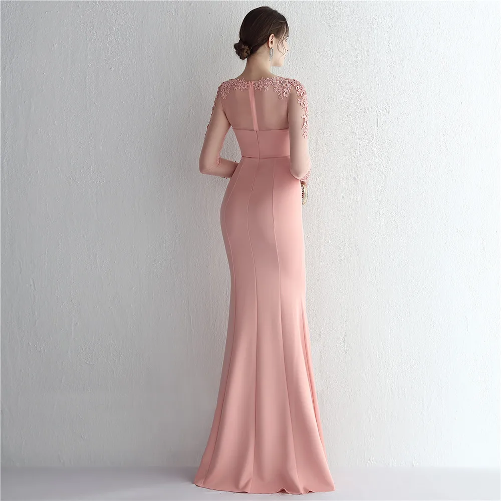 Women's Boat Neck Long Sleeve Handmake Wedding Mermaid Lace Beaded Formal Evening Gown