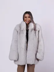 WGLUF Veste en cuir de renard pour femme, manteau en fourrure de renard véritable, manches longues, grande taille, hiver 2022