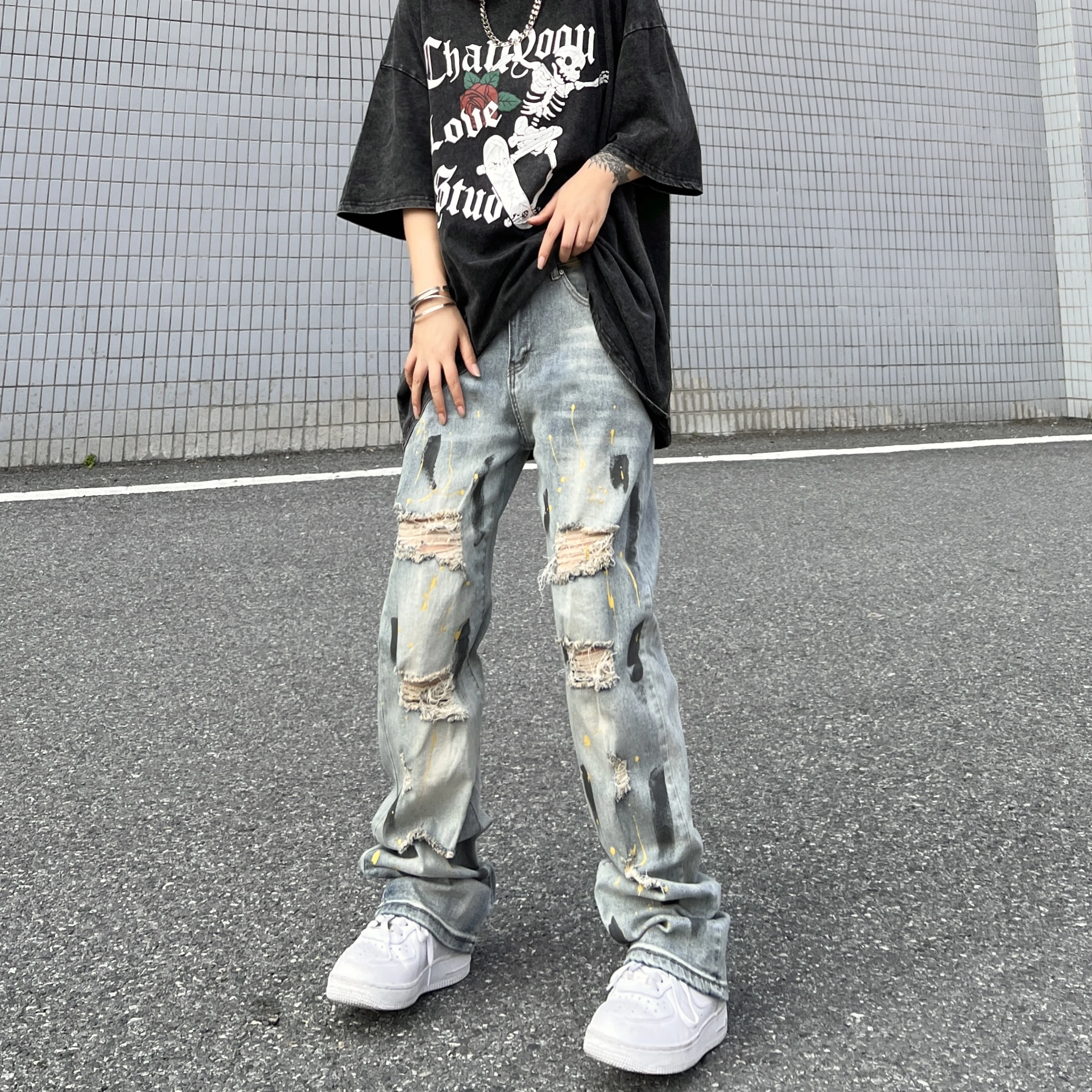 Pantalones vaqueros rasgados Vintage de estilo japonés para hombre y mujer,  Jeans ajustados de estilo Hip Hop con estampado de Graffiti, ropa de calle|  | - AliExpress