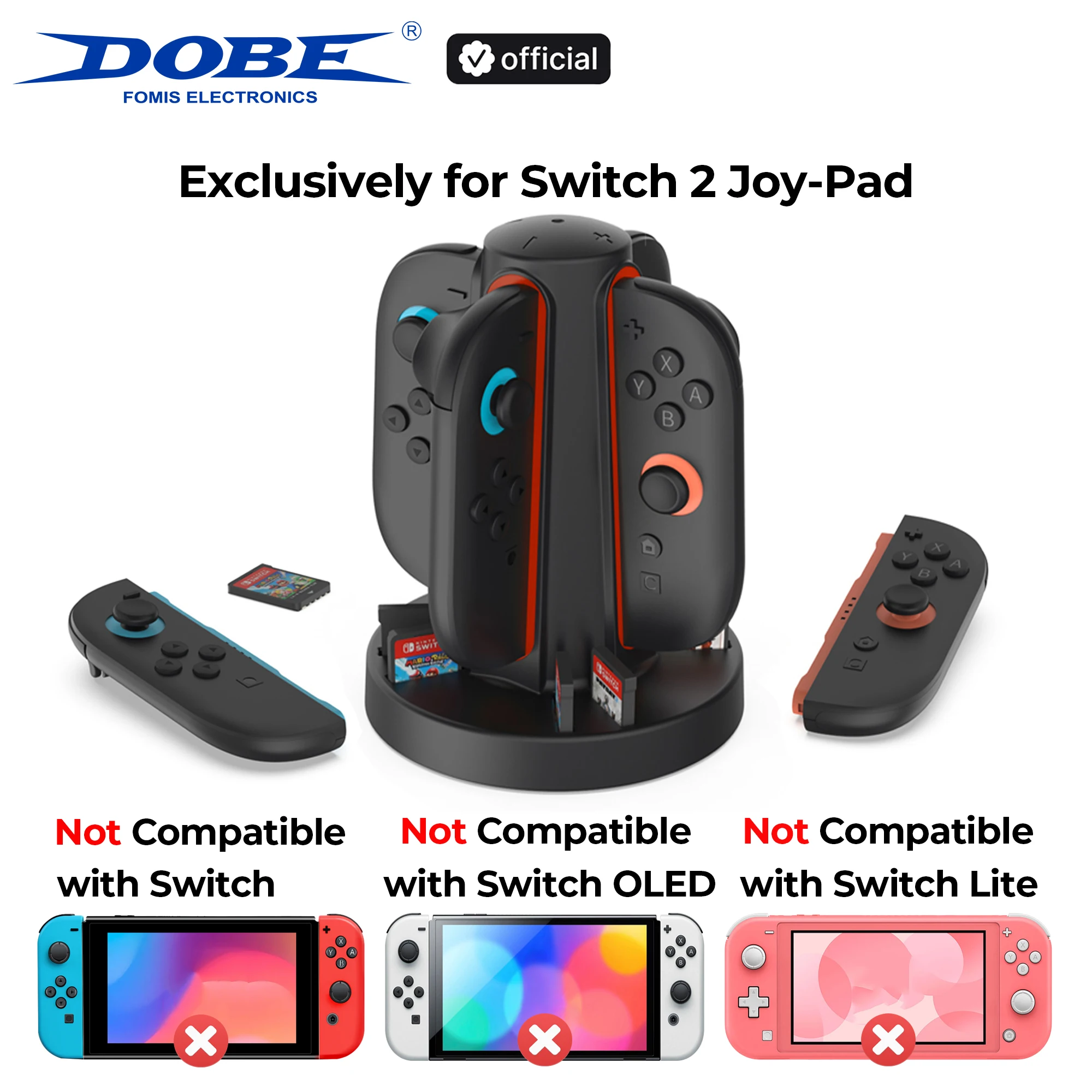 DOBE 스위치 2 컨트롤러용 마그네틱 충전 도크 - 최대 4개의 게임패드 충전, 6개의 게임 카드 슬롯 및 LED 표시등 포함