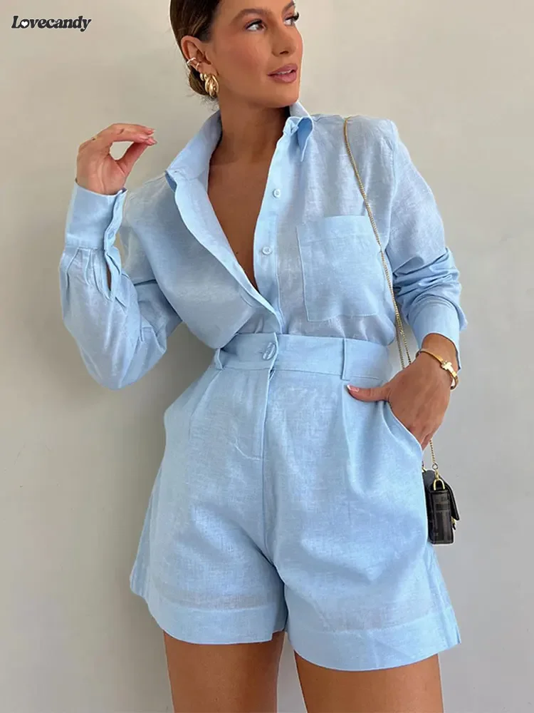 Fashion Button Pockets Short Pant Women's Sets Elegant Lapel Long Sleeves 2 Pieces Outfit 2024 Vacation New In Matching Sets