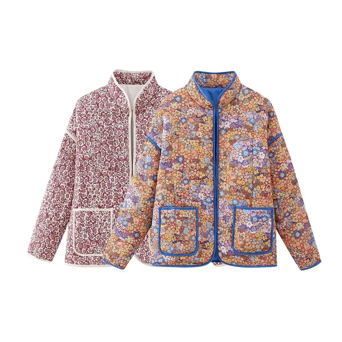 Chaqueta de mujer 여성용 겨울 재킷, 가을 꽃 프린트 얇은 포켓 장식 가디건, 코튼 코트, 여성 상의