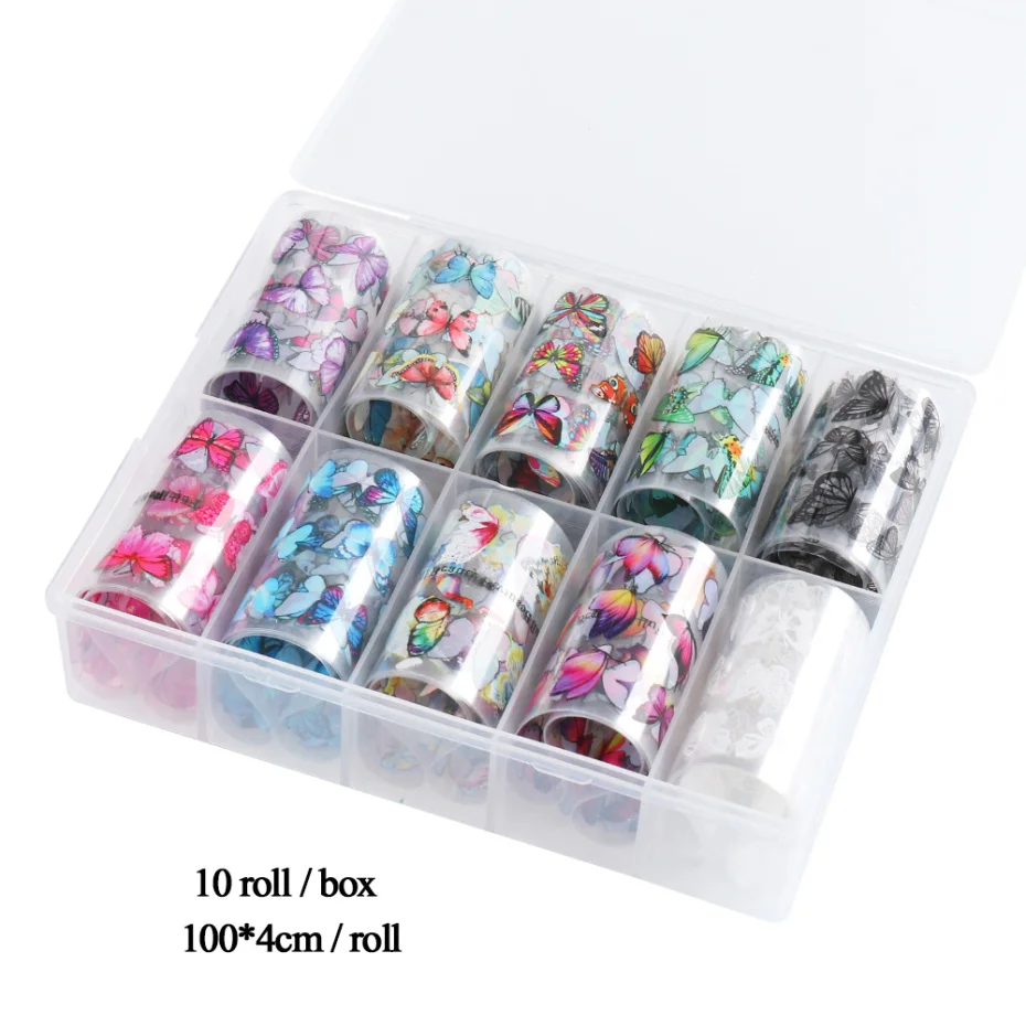 10 Roll 100x4cm Nail Foils Butterfly Series Nail Art Transfer Foil Decal Starry Paper Holographic Nails Stickers Decor NF1797 nail stickers nail art decoration nail decals