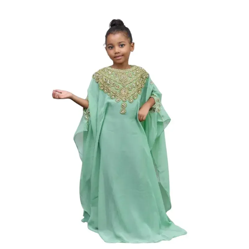 

Sea Green Dubai Kaftan Girls Georgette Dress Kids Abaya Moroccan Caftan