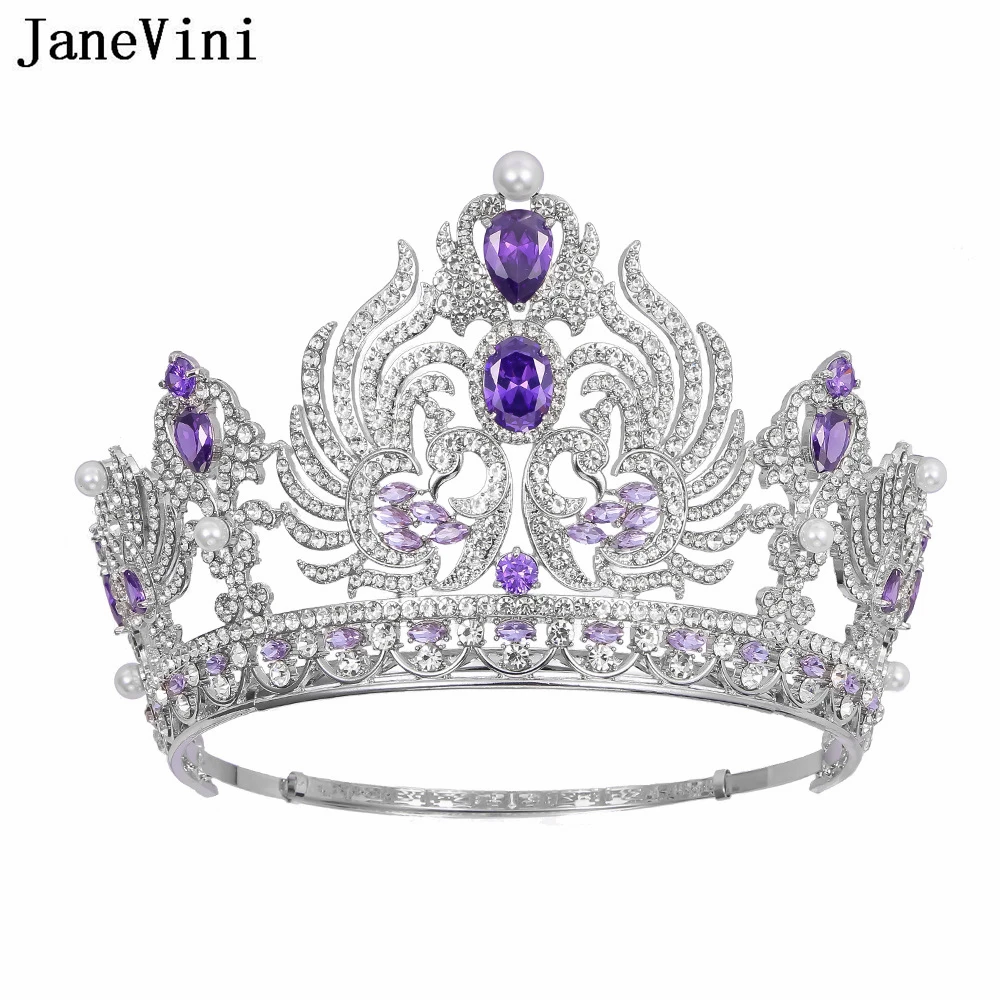 

JaneVini Luxury Miss World Pageant Crowns Purple Zircon Crystal Bride Hair Jewelry Pearl Queen Round Wedding Bridal Crown Tiaras