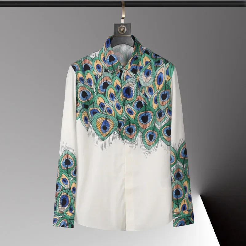 

Minglu Peacock Feather Printed Male Shirts Luxury Long Sleeve Soft Silk Casual Mens Dress Slim Fit Party Man