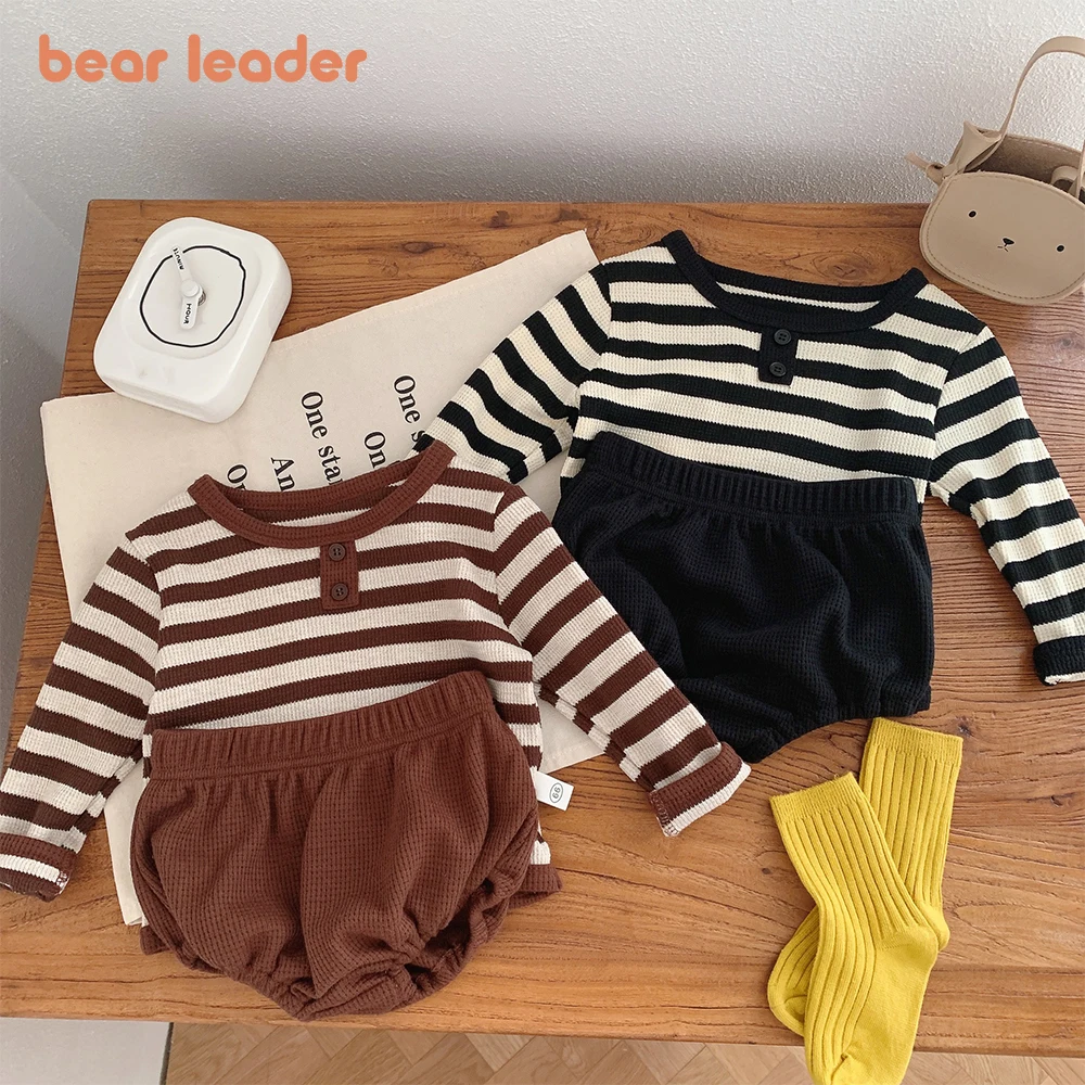 

Bear Leader Baby Creeper 2023 Autumn New Boys And Girls Striped Long Sleeve Top+Shorts Two Piece Set Fashion Baby Clothing