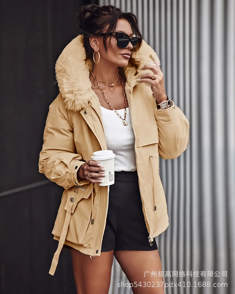 

Autumn and Winter Female 2023 in the Long Section Waist Thin Pie Overcome Hooded Large Fur Collar Padded Cotton Jacket Warm Coat