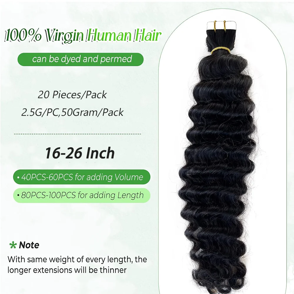Curly Tape In Hair Extensions Deep Wave Tape Ins Hair Brazilian Natural Human Extensions 16-26 Inches Color #1B For Woman