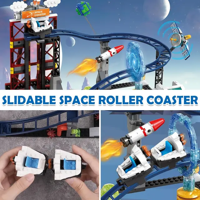 HOGOKIDS Space Roller Coaster Building Toy-888PCS Building Set Features Lift Platform, Satellites, Rocket Buildable  Park