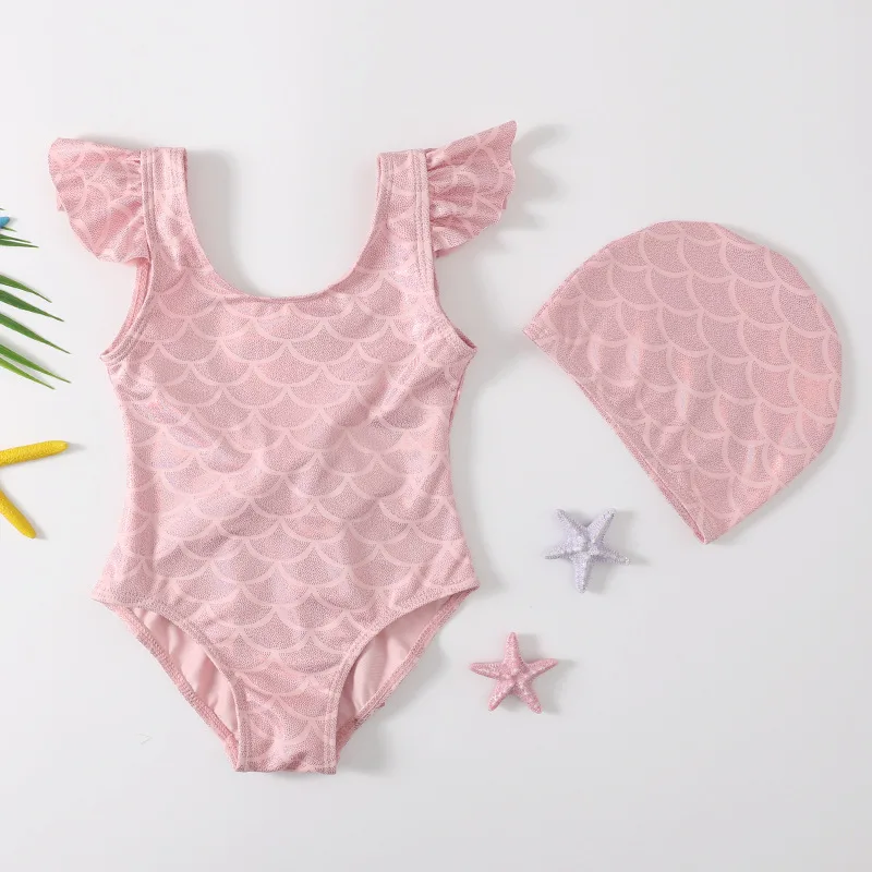 Cute Toddler Baby Girls Swimwear Ruffles Sleeveless Beachwear Swimsuit Lovely Pink Mermaid Bathing Suit + Sun Hat 2pcs Set