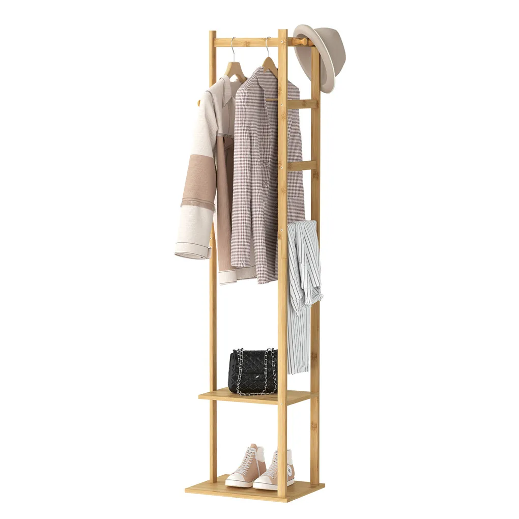 Bamboo Garment Rack, Clothing Rack with 2 Tier Storage Shelves, Wooden Garment Rack, Clothes Hanging Rack, Cloest Organizer — view 2