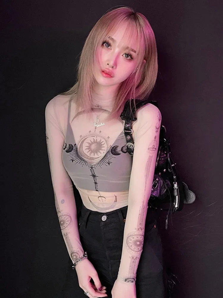 Long Sleeve Mesh Women T Shirt Streetwear Printing Y2k Accessories See Through Vintage Clothes Sexy Fashion Hot Ropa Mujer