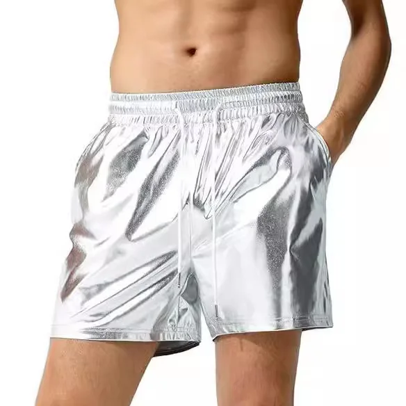 Mens Summer Outfit Shorts Shiny Nightclub Glossy Gold Sliver Black Sweatpants Men Metallic Disco Party Drawstring Short Pants 4
