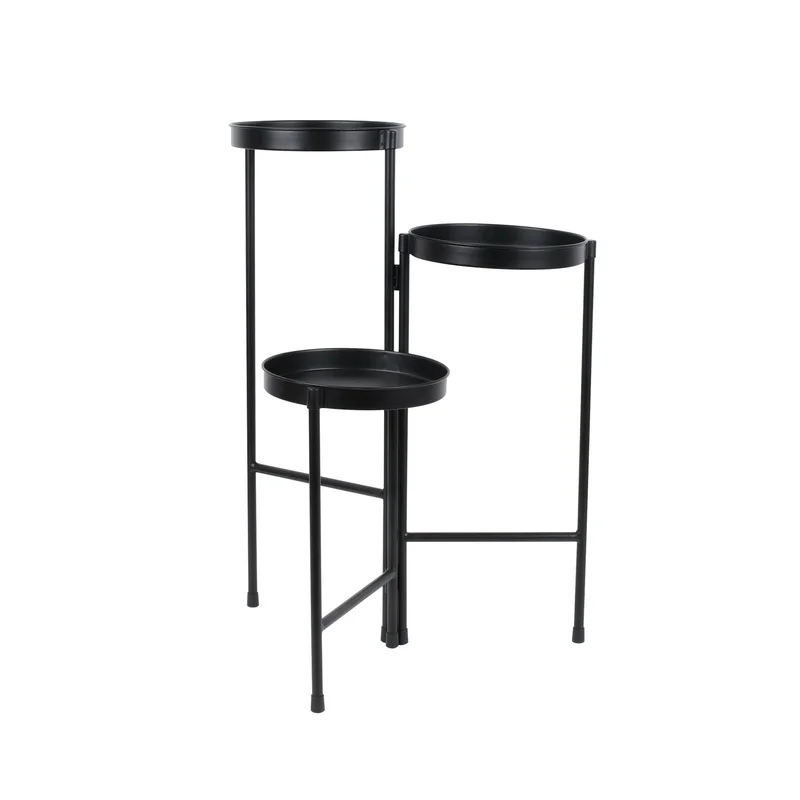 Black Metal 3 Tier Plant Stand Indoor Outdoor Flower Display Storage Rack Collapsible Design Durable Iron Construction Elegant
