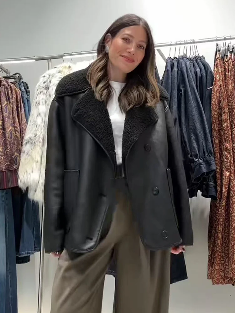 Autumn New Women's Loose Jacket Fashion Faux Fur Leather One Piece Pocket Jacket Coats Female Casual High Street Outerwear