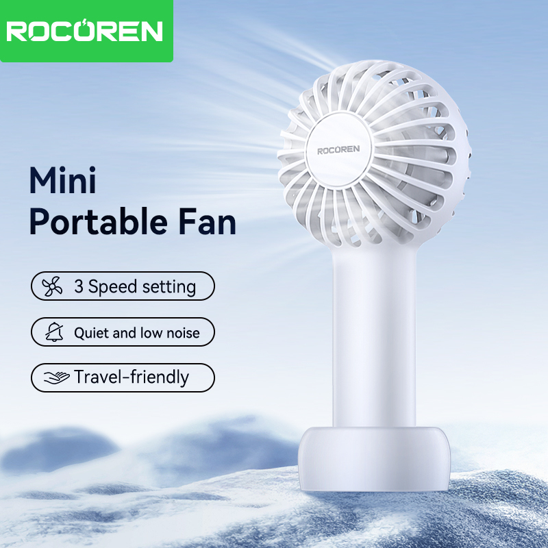 Rocoren Mini Portable Handheld Fan USB Charging 3-speed-Rechargeable Fan with Base Wrist Strap Suitable for Office and Travel