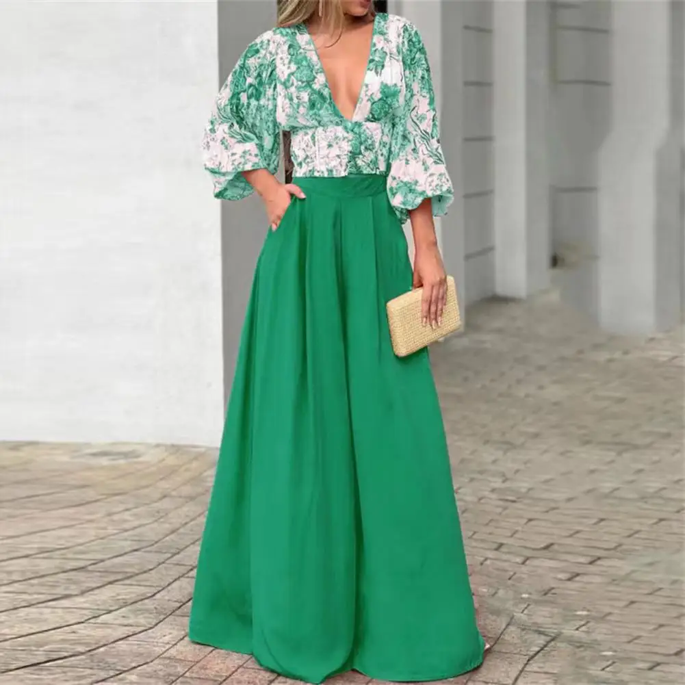 

Комплект из 2 предметов, женский топ и брюки с глубоким вырезом и V-образным вырезом, кюлоты с широкими штанинами и карманами, нарукавный цветочный принт, рукава три четверти, высокая талия F