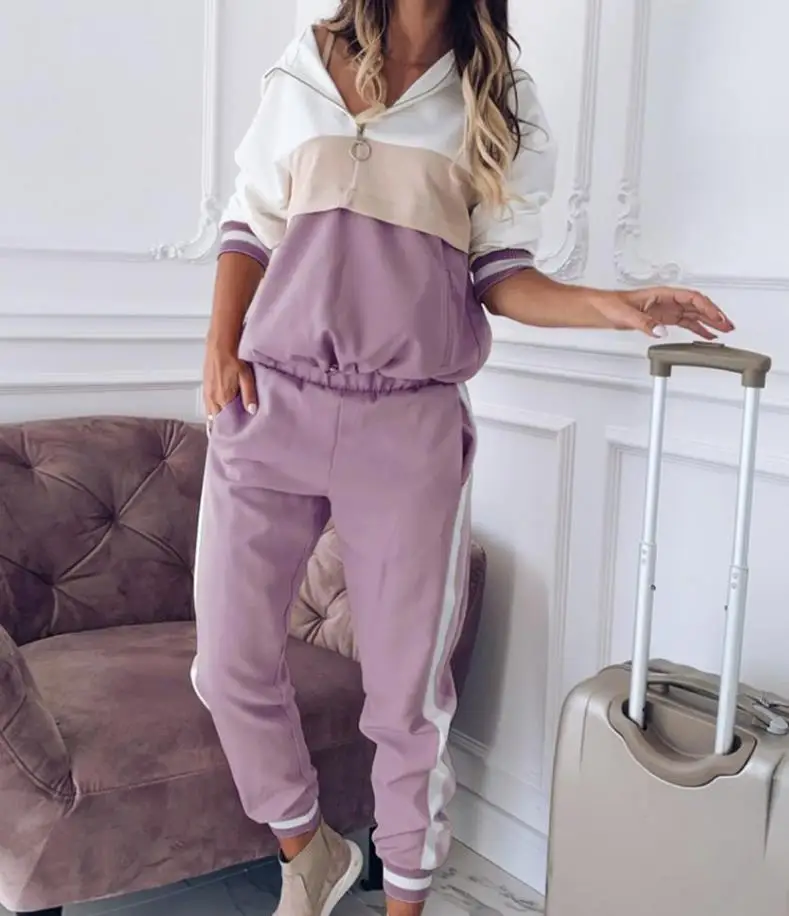 

Women's Colorblock Sports Loose Long Sleeve Top & Casual Pants Set Ladies Clothing New Fashion Woman Two-Piece Suit Outfits