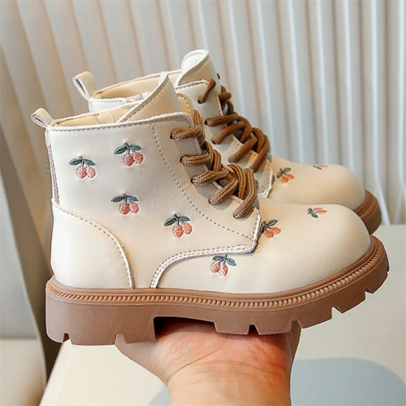 Little Girl Winter Leather Boots with Ankle Support Cherry Pattern Non-Slip Soft Sole Tie-up Zipper Shoes