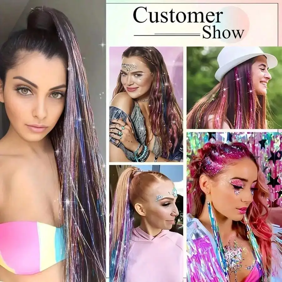 36/48 Inches 10 Mixed Colors Tinsel Synthetic Hair Extension Glitter Kit Glitter WithTool 3600 Strands, Hair Extensions Set 2