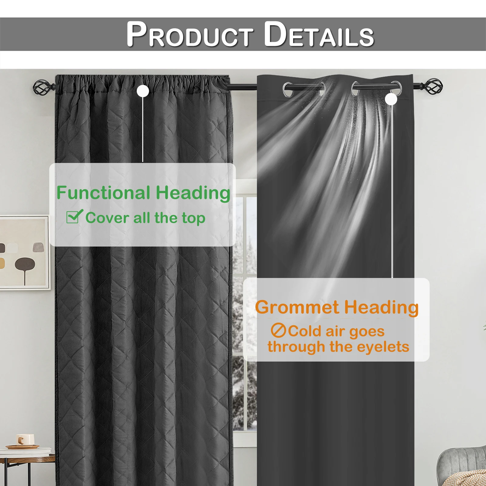 Quilted Blackout Curtains Heavy Duty Noise Reducing Thermal Insulated Drapes Liner Anti-cold Rod Pocket for Living Room Bedroom 5