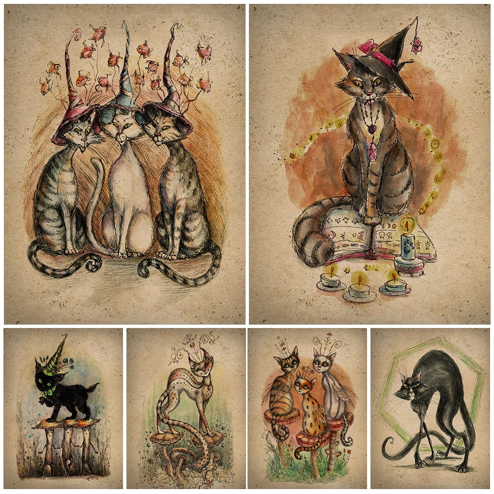 

Witchy Cats Vintage Art Prints Cat Wizard Wall Art Canvas Painting Witchcraft Cat Wicca Poster And Prints For Living Room Decor